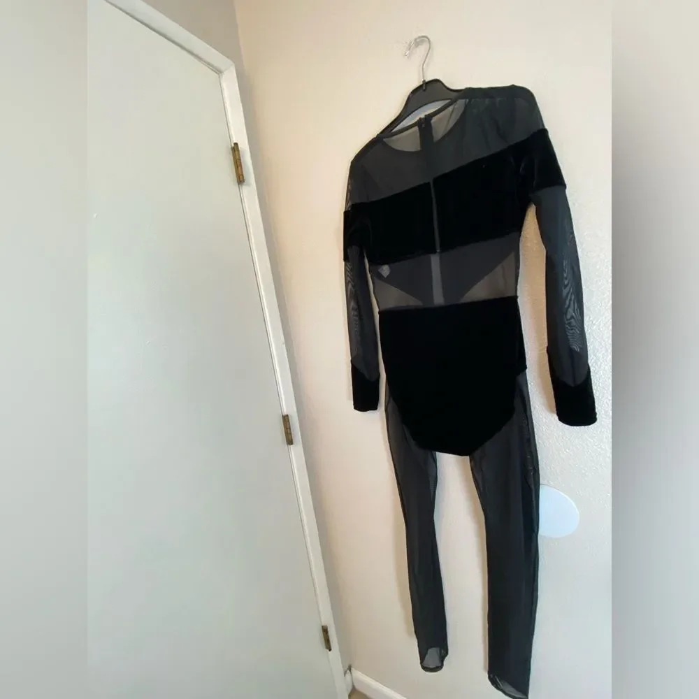 WEISSMAN Elite Dance Costume black Velvet Illusion Unitard rhinestone V12241 MA